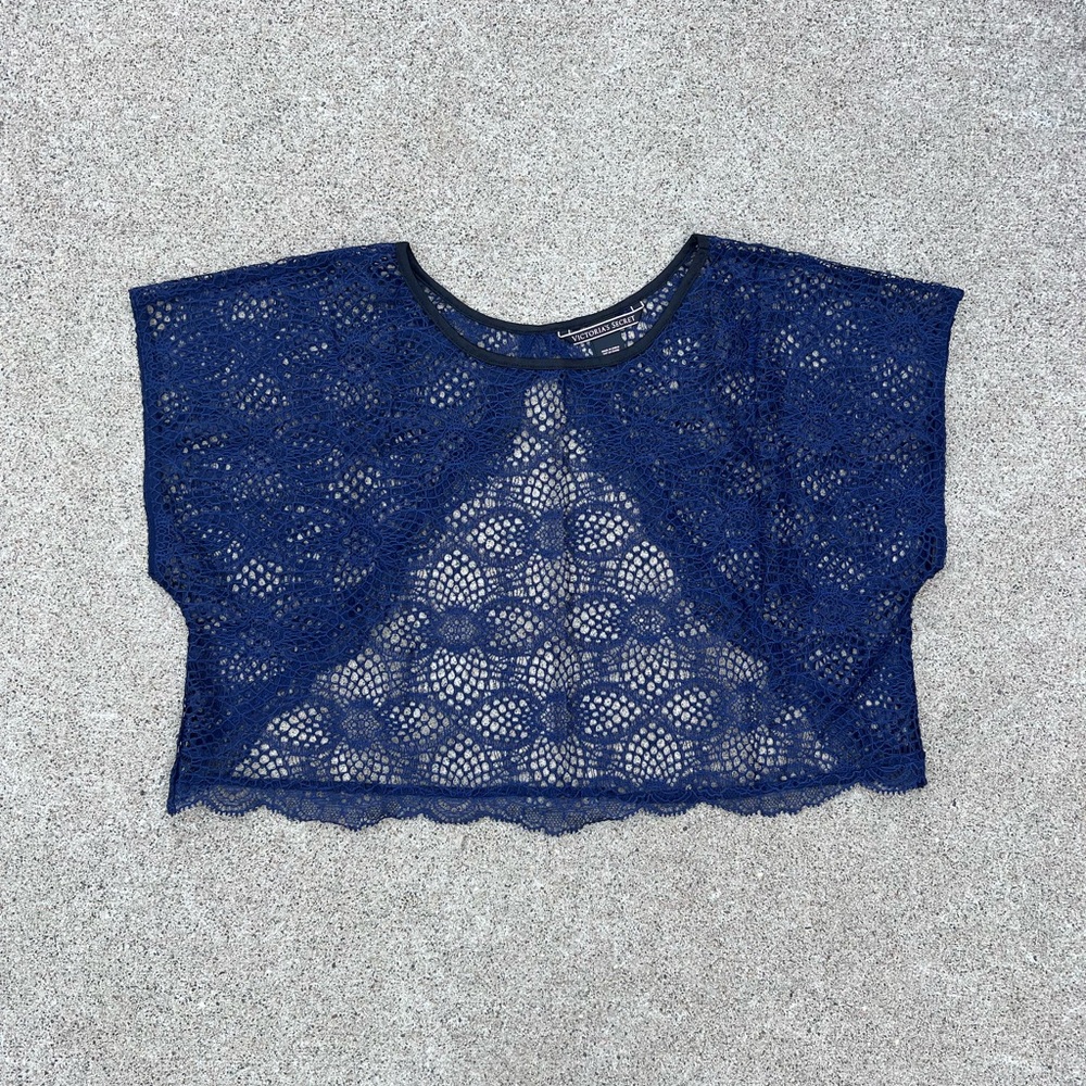 Vtg Victoria's Secret Y2K Lace Open Back Crop Top Blue Small Fairy Coquette Boho